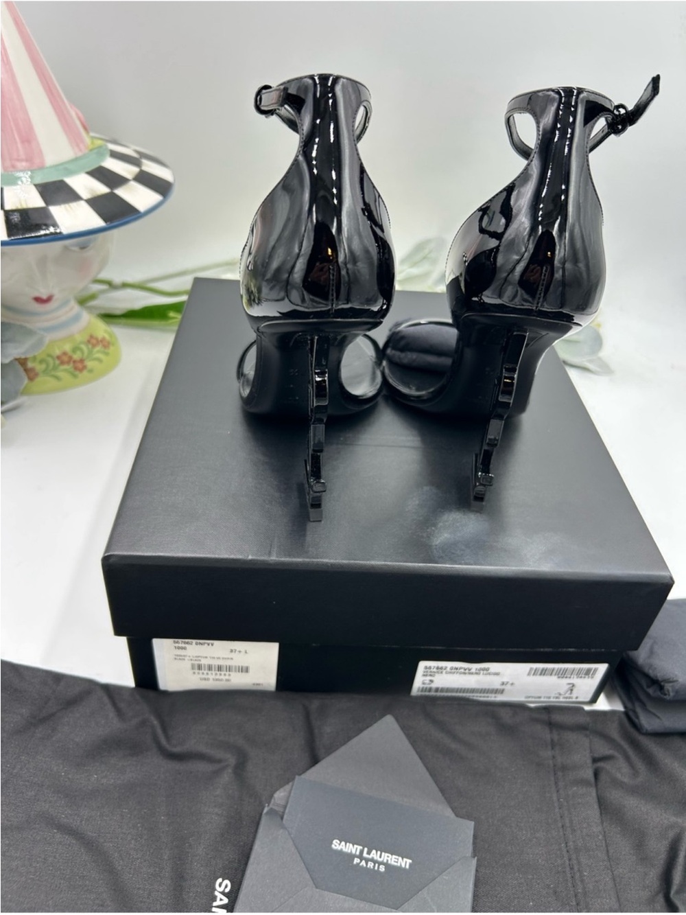 Saint Laurent YSL  Black Patent  Opyum Logo-Heel Ankle-Strap Sandals. Size 37.5 - Picture 8 of 10